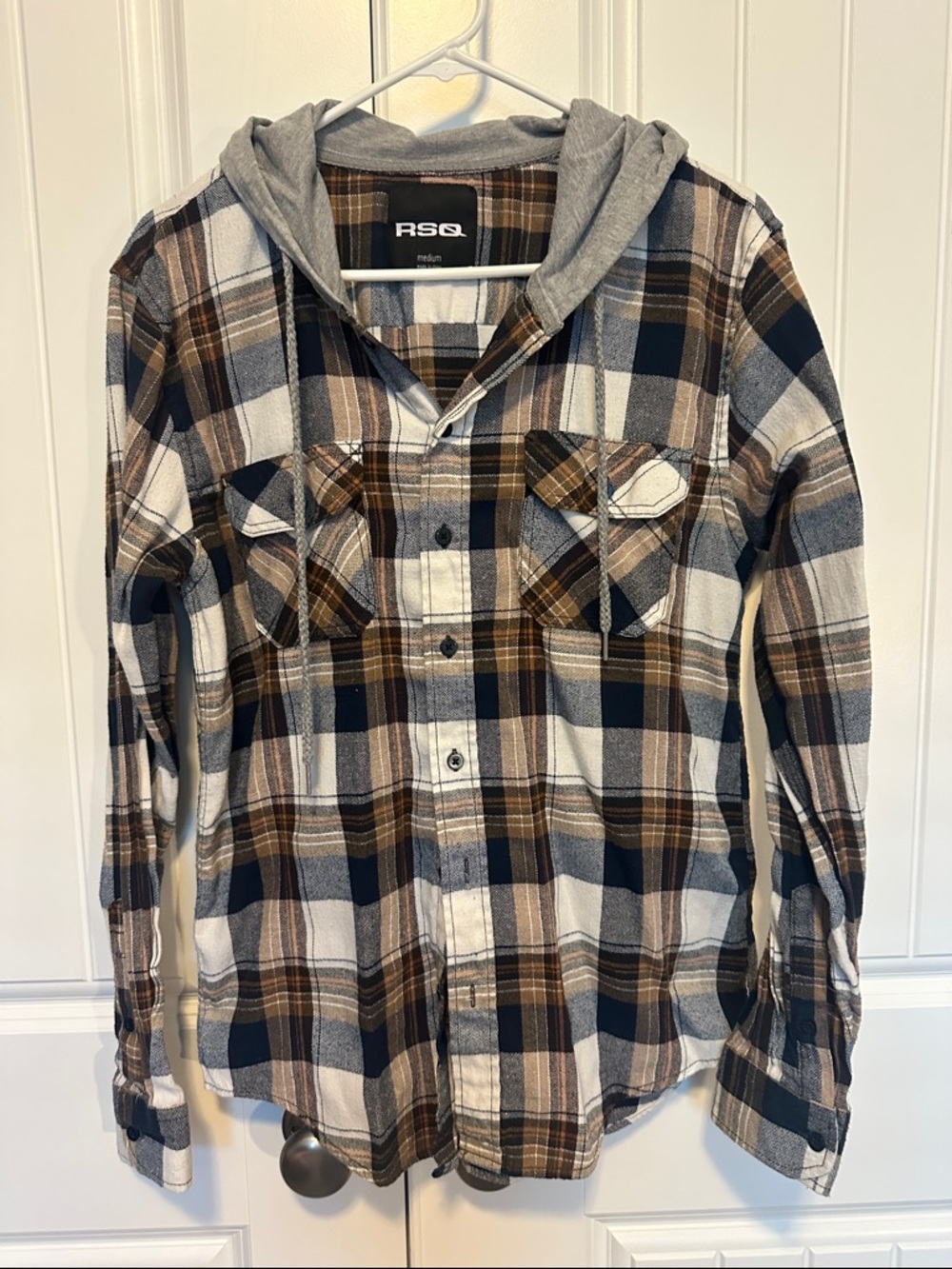 RSQ Plaid Hooded Flannel Shirt in Navy, Brown & White